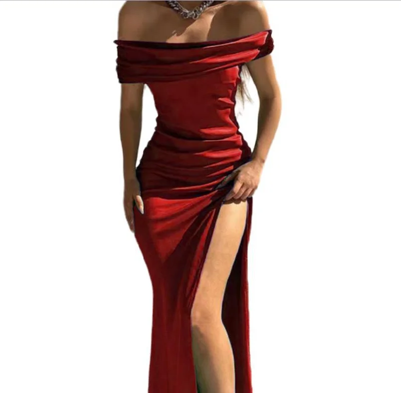 Glossy Stretch Solid Color Off-neck Sexy Maxi Dresses