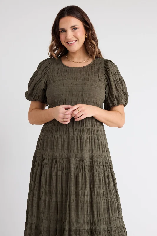 Graceful Khaki Shirred Cotton Bubble Sleeve Tiered Maxi Dress