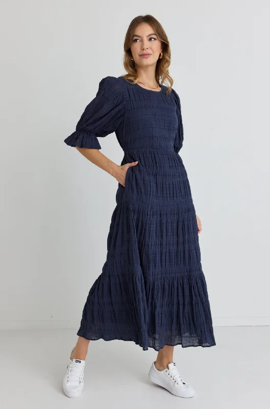 Gratitude Navy Bubble SS Tiered Maxi Dress