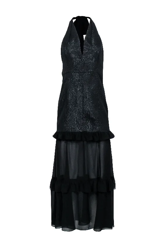 Halston - Black Halter Formal Dress w/ Ruffle Trim Sz 4