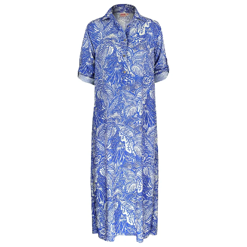 IS LIBBY MAXI SHIRT DRESS BLUE LEAF