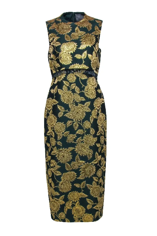 Lela Rose - Green & Gold Jacquard Beaded Trim Formal Dress Sz 6