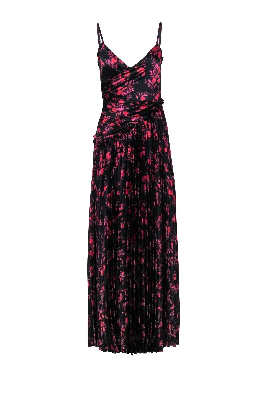 Monique Lhuillier - Black w/ Pink & Purple Floral Print Pleated Formal Dress Sz 2