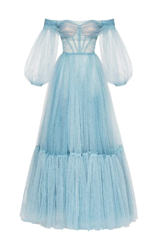 Ocean Wave Sheer Sleeves Maxi Tulle Dress