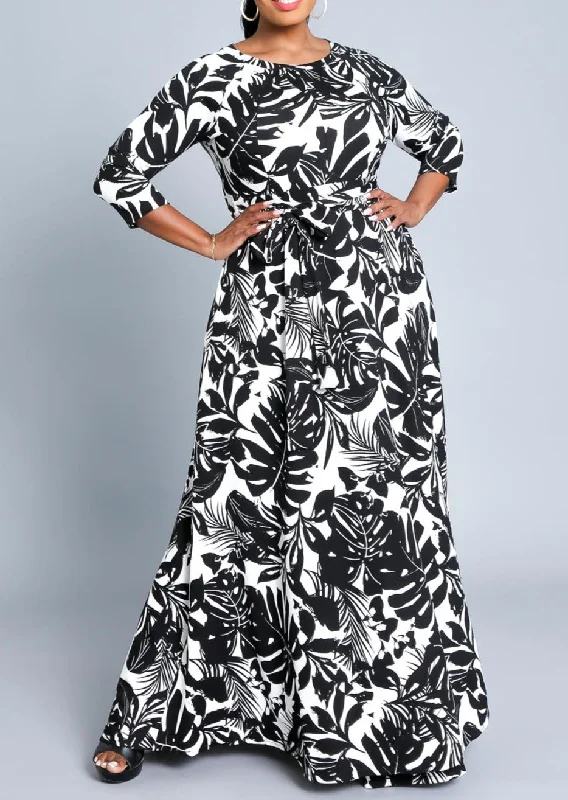 Hi Curvy Plus Size Women Leaf Print Flare Warp Maxi Dress with Pockets