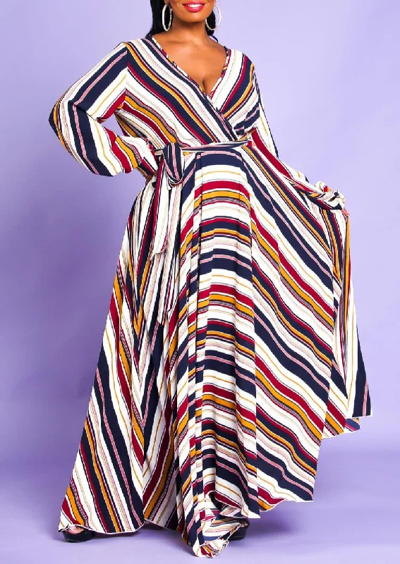 Hi Curvy Plus Size Women Multi Stripe Flare Maxi Dress