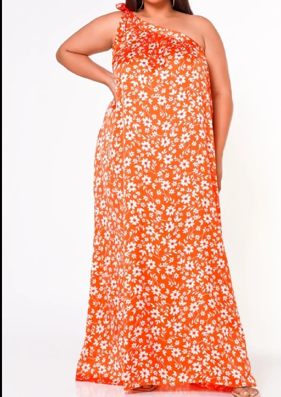 Hi Curvy Plus Size Women One Shoulder Floral Print Maxi Dress