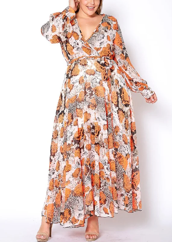 Hi Curvy Plus Size Women Orange Snakeskin Chiffon Maxi Dress