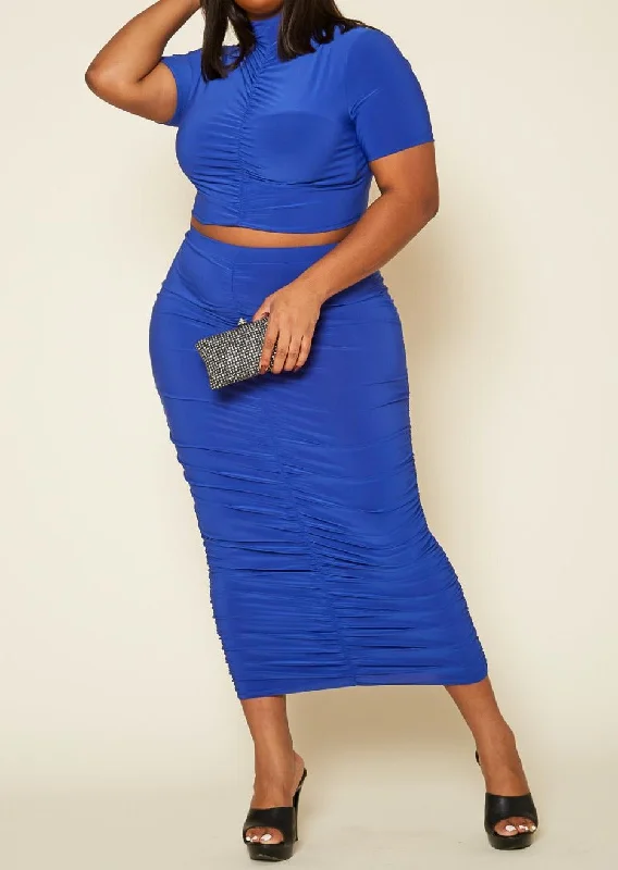 HI Curvy Plus Size Women Ruched Mock Neck Top & Maxi Skirt Sets