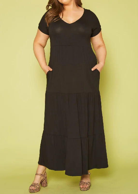 HI Curvy Plus Size Women Short Sleeve Flare Maxi Dress