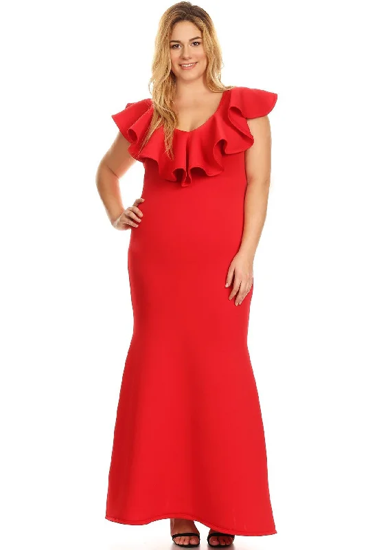 Plus Size Women  Ruffle Hem V-neck Mermaid Maxi Dress