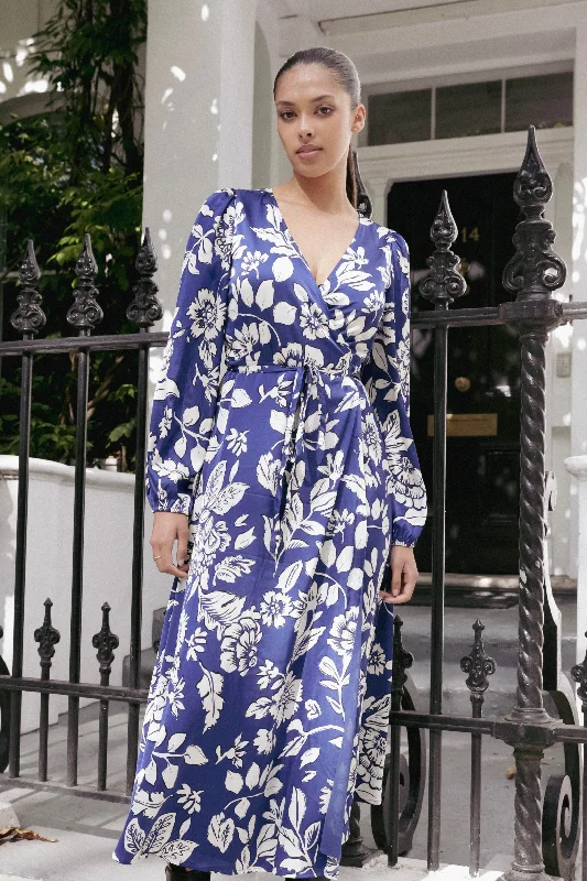 Resonance Blue Floral Satin LS Wrap Maxi Dress