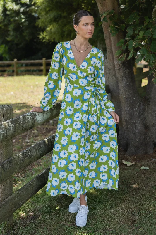 Resonance Green Flower LS Wrap Maxi Dress