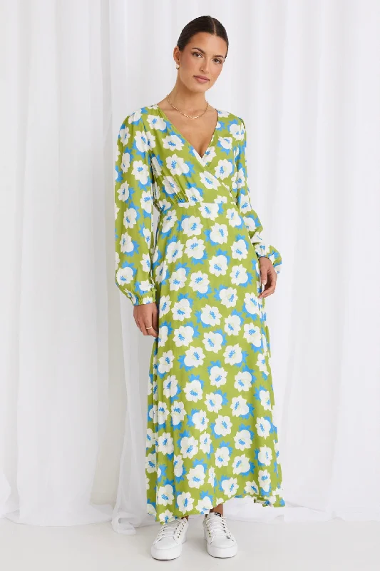 Resonance Green Flower LS Wrap Maxi Dress