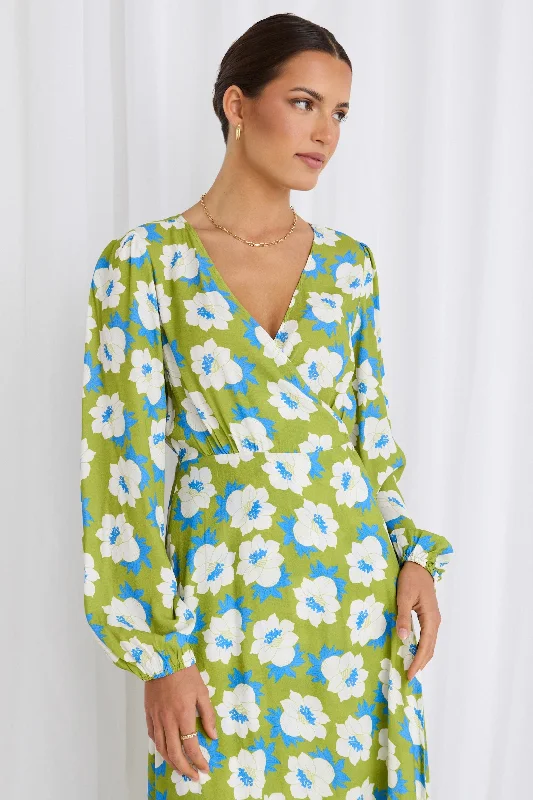 Resonance Green Flower LS Wrap Maxi Dress