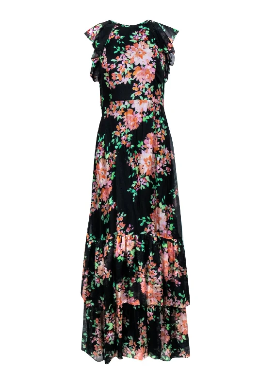 Shoshanna - Black & Multi Color Floral Ruffled Cap Sleeve Formal Dress Sz 2