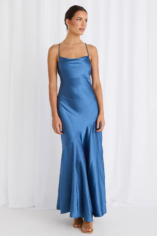 Surreal Petrol Satin Strappy Maxi Dress