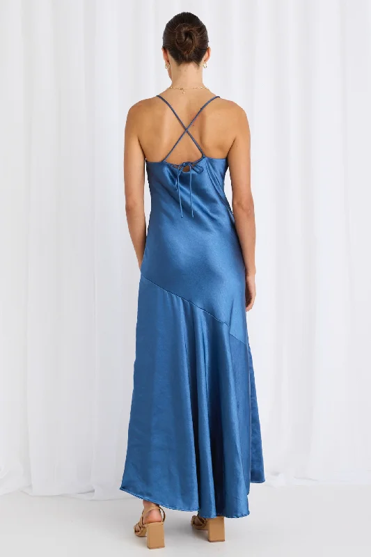 Surreal Petrol Satin Strappy Maxi Dress