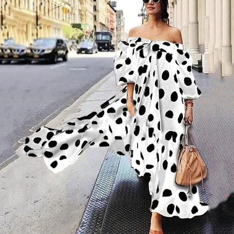 Women's Off Shoulder Polka Dot Bohemian Maxi Dresses