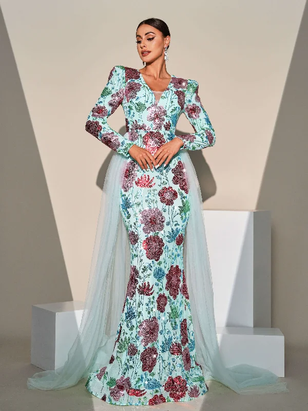 Long Sleeve Floral Sequin Formal Dress MES00557