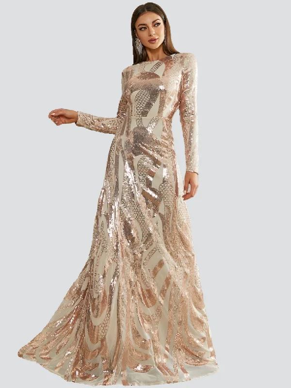 Long Sleeve Sequin Apricot Formal Dress XJ1494