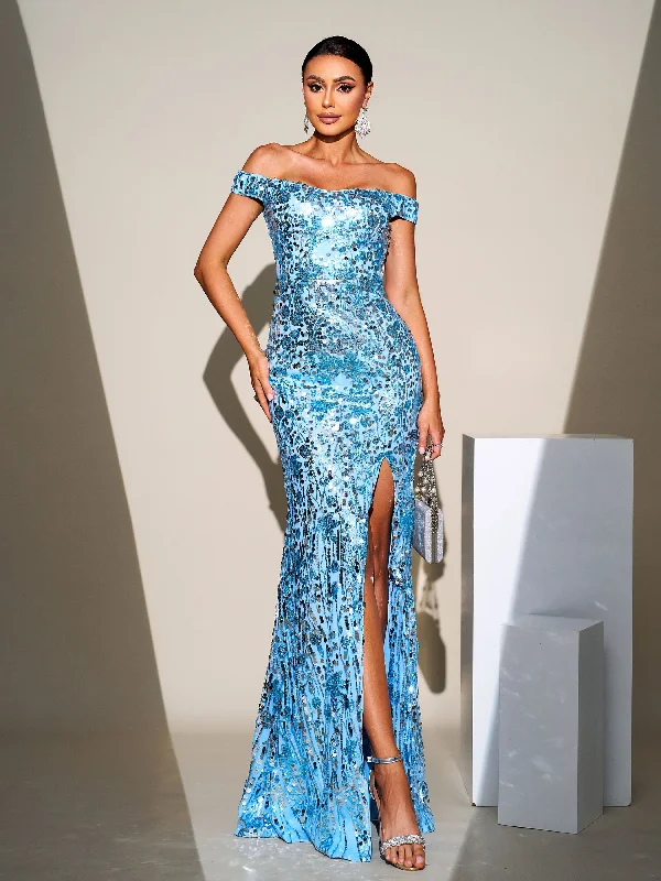 Off Shoulder Blue Sequin Split Formal Dress GM00123