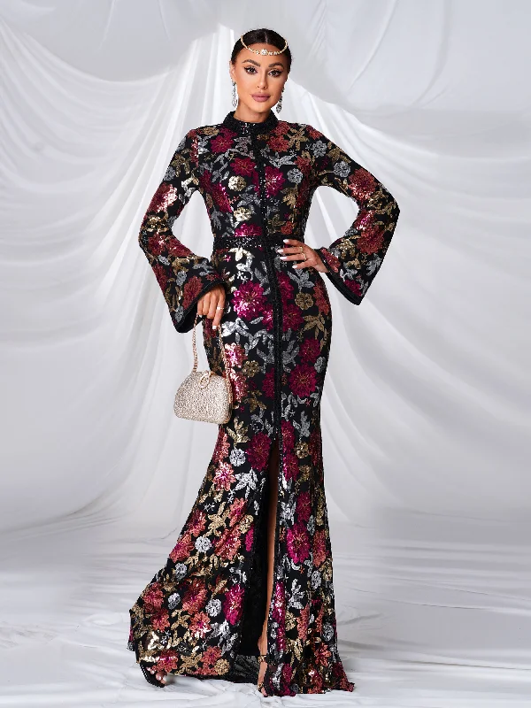 Vintage Floral Sequin Split Formal Dress GM00387