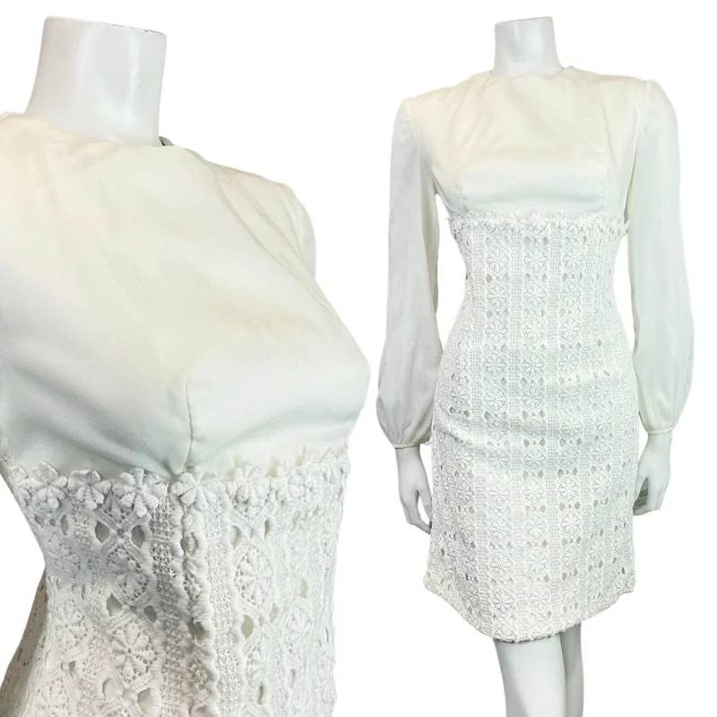 VTG 60s 70s WHITE CROCHET FLORAL DAISY EMPIRE LINE MOD BRIDAL? DRESS 8 10