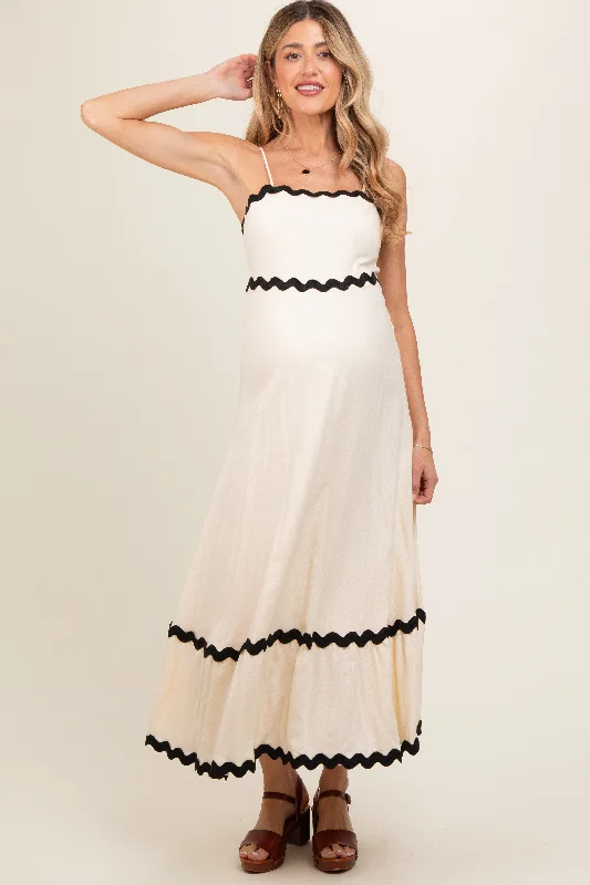 Beige Colorblock Trim Maternity Midi Dress