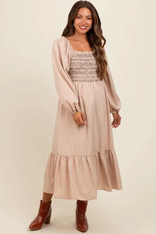 Beige Contrast Smocked Balloon Sleeve Maternity Midi Dress