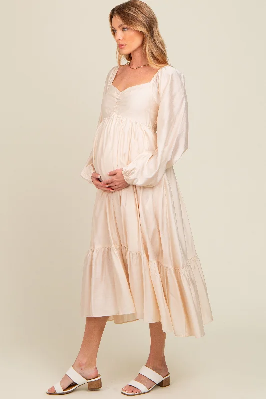 Beige Front Ruched Babydoll Maternity Midi Dress