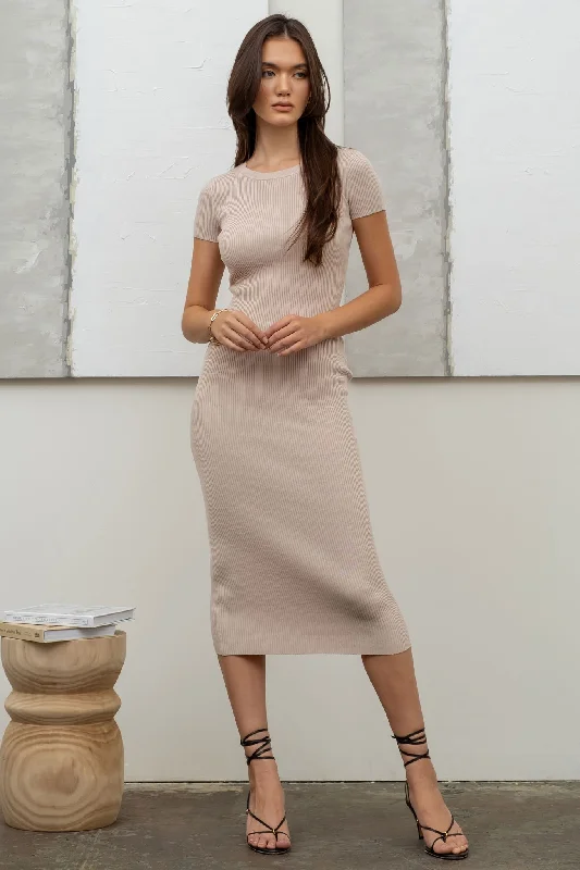 Beige Short Sleeve Rib Knit Maternity Midi Dress