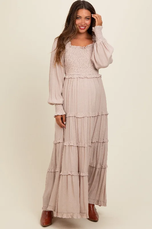 Beige Smocked Long Sleeve Ruffle Tiered Maternity Maxi Dress