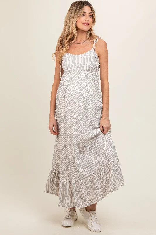 Beige Striped Tie Strap Maternity Maxi Dress