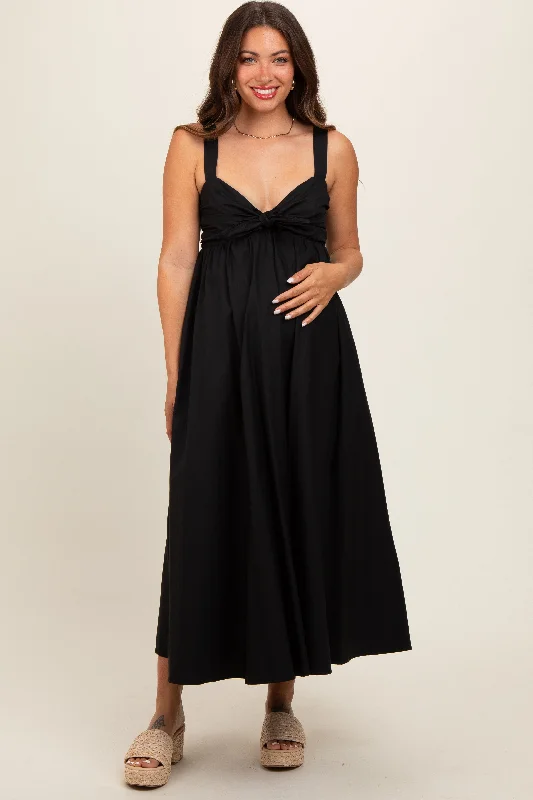 Black Front Tie Sleeveless Maternity Midi Dress