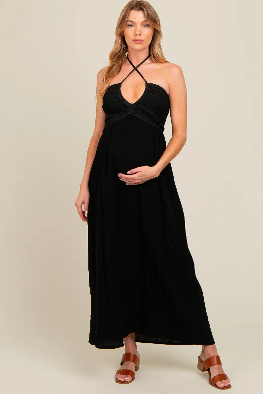 Black Halter Crochet Top Maternity Maxi Dress