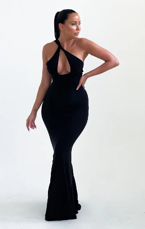 Black One Shoulder Asymmetric Strap Cut Out Bodycon Maxi Dress - Darcie