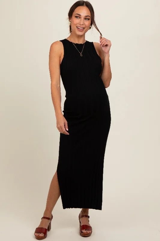 Black Sleeveless Knit Side Slit Maternity Midi Dress