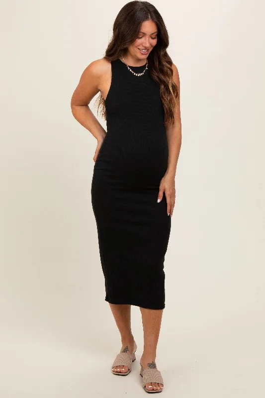 Black Sleeveless Ribbed Knit Maternity Midi Dress