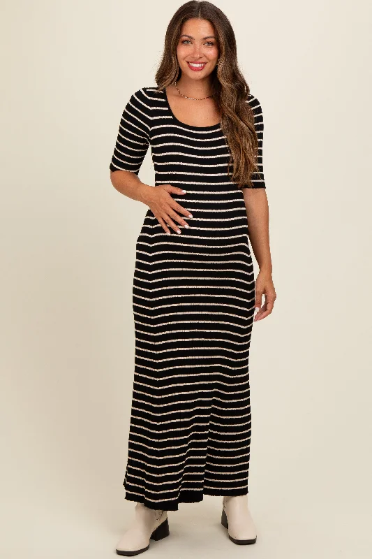 Black Striped Ribbed Short Sleeve Maternity Maxi Dress