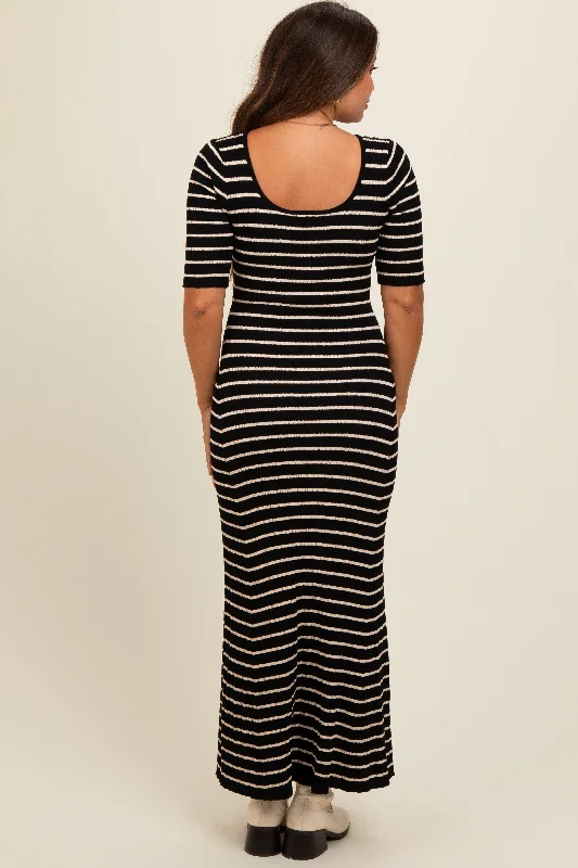 Black Striped Ribbed Short Sleeve Maternity Maxi Dress