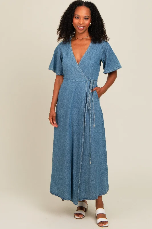 Blue Chambray Maternity Wrap Maxi Dress