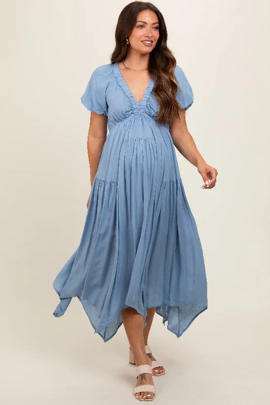 Blue Deep V-Neck Puff Short Sleeve Asymmetrical Hem Maternity Midi Dress