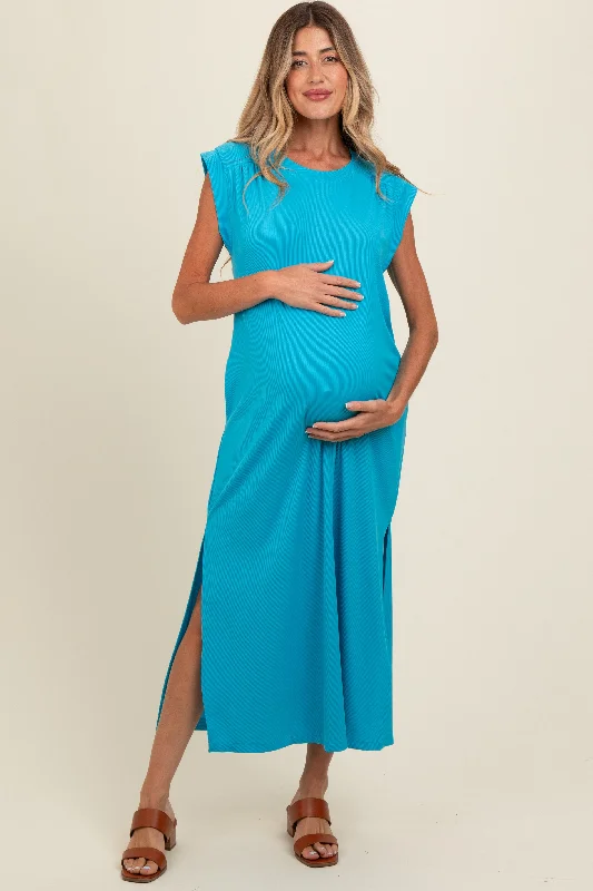 Blue Short Dolman Sleeve Side Slit Maternity Maxi Dress