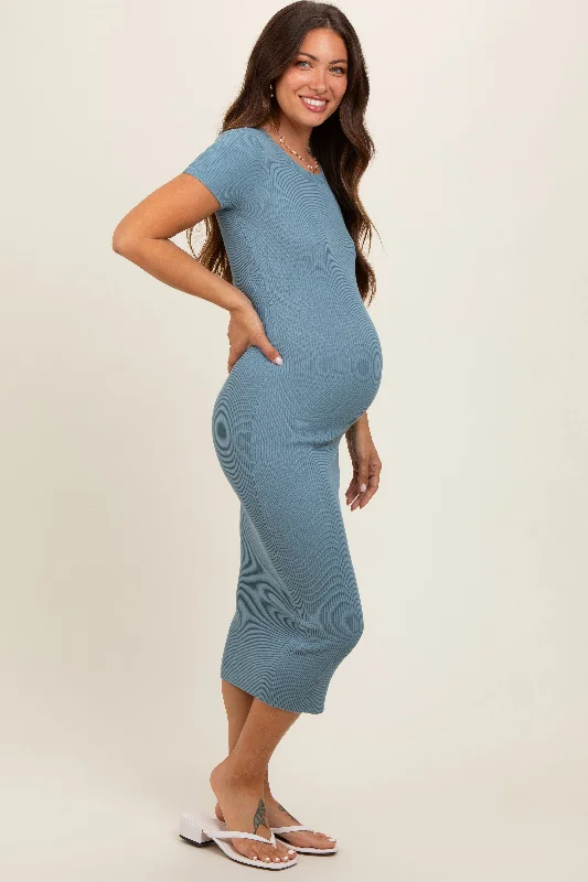 Blue Short Sleeve Rib Knit Maternity Midi Dress