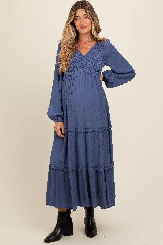 Blue Smocked Tiered Maternity Midi Dress