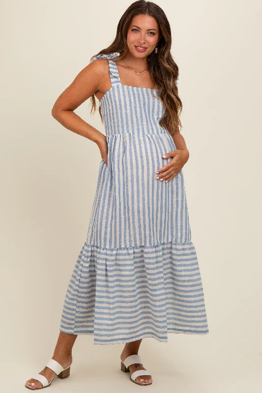 Blue Striped Shoulder Tie Maternity Midi Dress