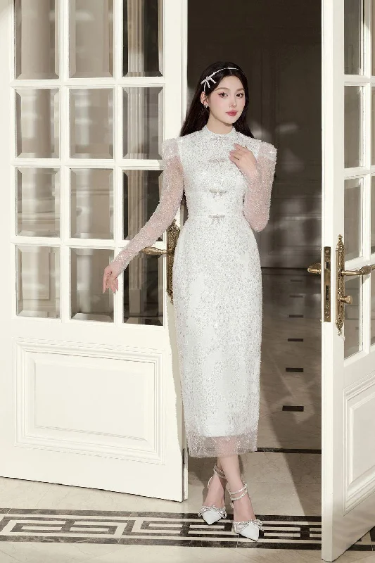 Bridal Sheath Long Sleeved Organza Midi Dress