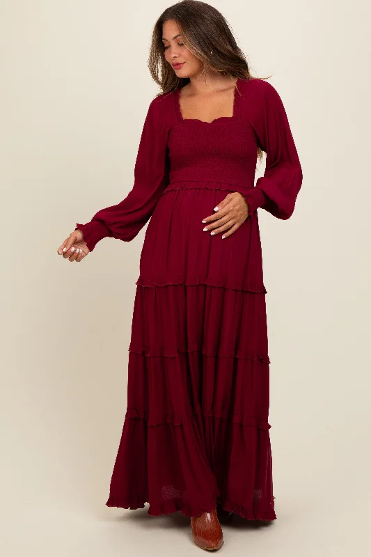 Burgundy Smocked Long Sleeve Ruffle Tiered Maternity Maxi Dress