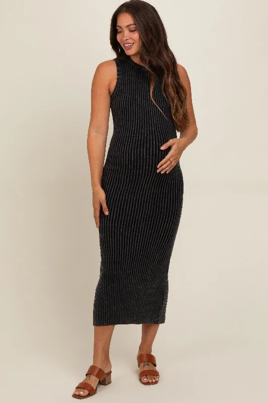 Charcoal Vintage Wash Ribbed Cutout Maternity Dress